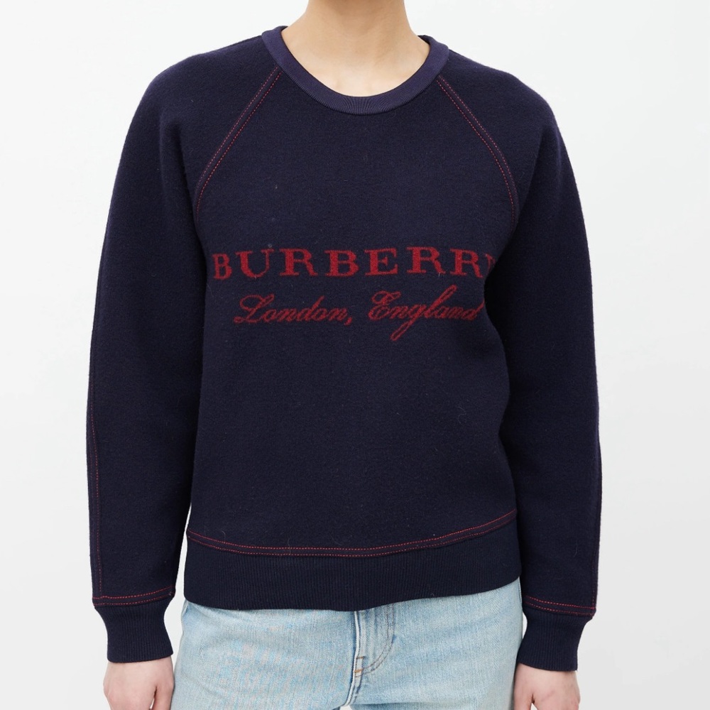 Burberry Navy Wool & Cashmere Red Logo Knit Sweater